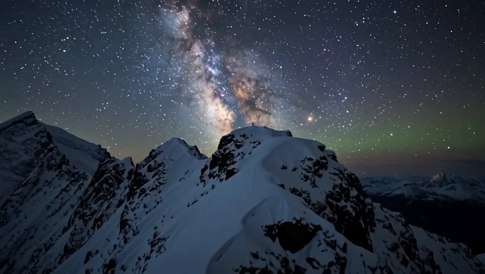 Snowy mountains under the galaxy: made with Cinematic video with sound