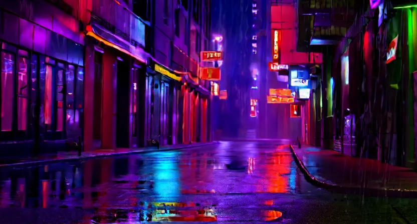 First frame of the clip: Neon rain street, from words only