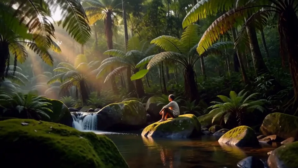 First frame of the clip: Rainforest clearing