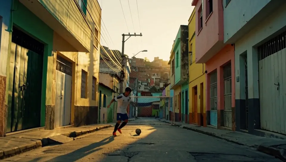 First frame of the clip: Street football at golden hour